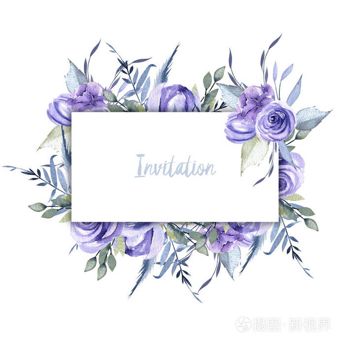 水彩蓝色玫瑰和树枝框边框, 手绘白色背景, 邀请卡设计