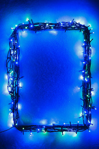 圣诞灯框雪背景, 蓝色