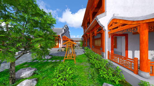 中式住宅与庭院 courtyard3d Cg 渲染