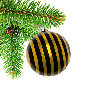 3d 插图。特写黄色和黑色条纹圣诞球装饰品在圣诞树的树枝上显示针, 白色背景