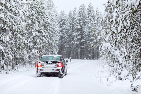 土地在寒冷的北方森林国家道路上驾驶车辆