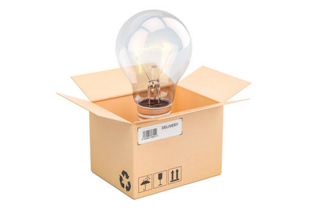 打开纸板箱内的灯泡, 新的理念概念。3d
