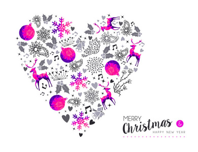 圣诞快乐新年贺卡爱设计, 粉红色低聚驯鹿和圣诞季节装饰与手工绘制节日自然形状。Eps10 矢量