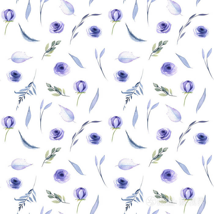 水彩蓝玫瑰, 花叶和树枝无缝图案, 手绘白色背景