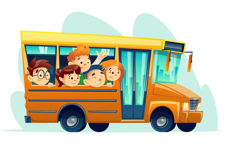 矢量卡通学校巴士充满快乐的孩子