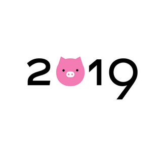 2019数字设计与年份粉红色的猪脸图标的符号。向量
