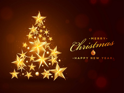 圣诞节和新年庆典上棕褐色背景下闪亮的金色星星创造的圣诞树