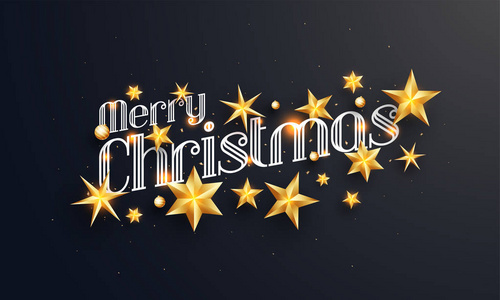 在黑色背景下为节日庆典而装饰金色星星的圣诞快乐创意刻字的最高视图
