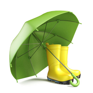 一对黄色的雨靴和一把绿色的雨伞3d