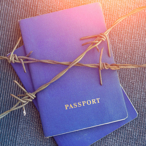 蓝色护照背后的铁丝网在蓝色的纺织品背景在阳光下, 特写