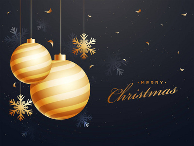 圣诞节和新年庆祝概念基于挂金色华而不实和雪花的黑色背景装饰海报或模板设计