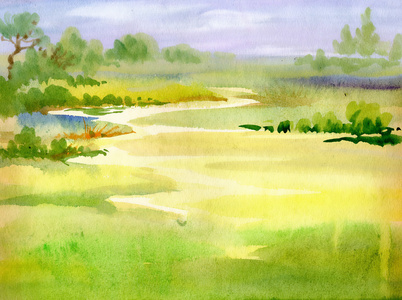 水彩河自然景观