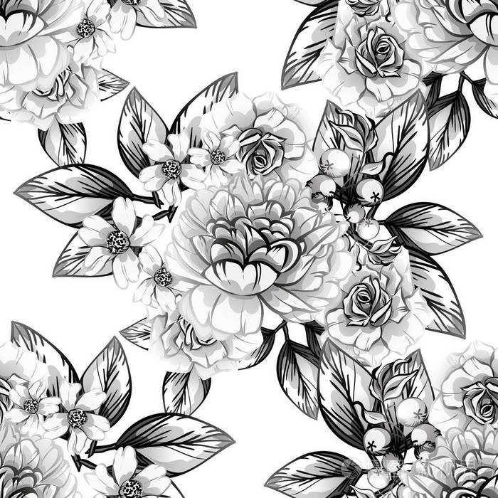 无缝复古风格的花卉图案黑白相间的花元素