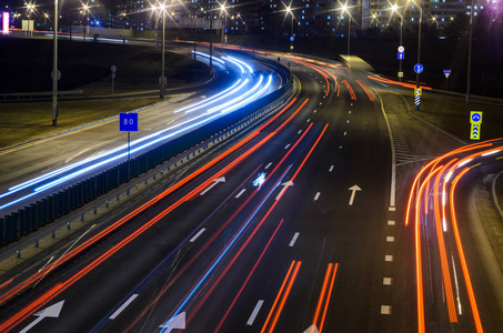 夜间高速公路上的灯迹, 长曝光抽象城市背景