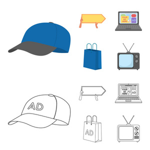棒球帽, 指针在手, 笔记本电脑, 购物袋。广告, 集合图标在卡通, 轮廓风格矢量符号股票插画网站