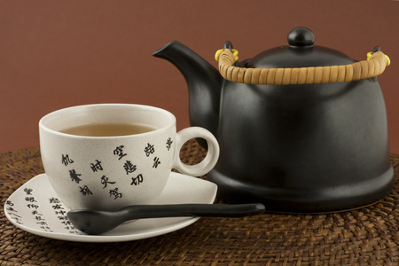 陶瓷茶具与茶杯子与绿茶图片