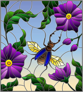 在紫色花朵树叶和天空的树枝背景下, 用飞犀牛甲虫染色的玻璃风格插图