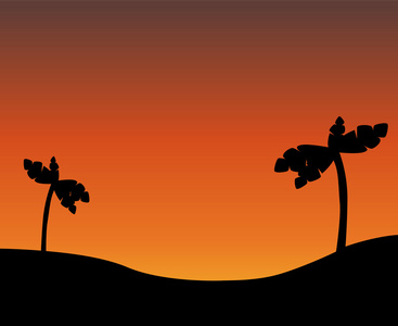 矢量绘图。沙漠与棕榈树在日落时的剪影
