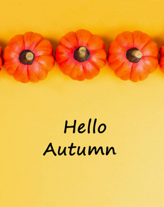 秋季背景。橙色南瓜黄色背景。文本你好秋。从上面查看