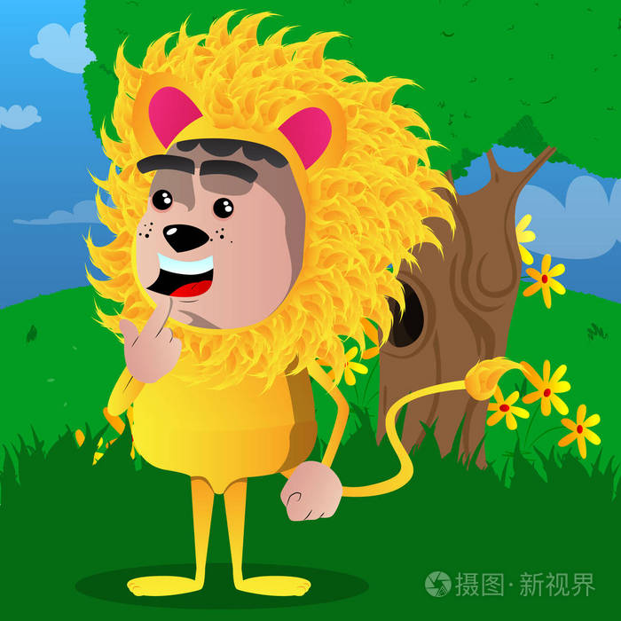 男孩身着狮子的手指前他的嘴矢量卡通人物插画