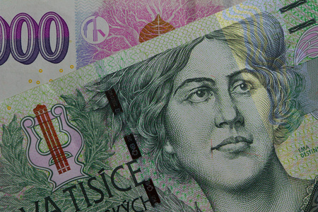 捷克共和国货币克朗, 钞票图案背景, 特写.