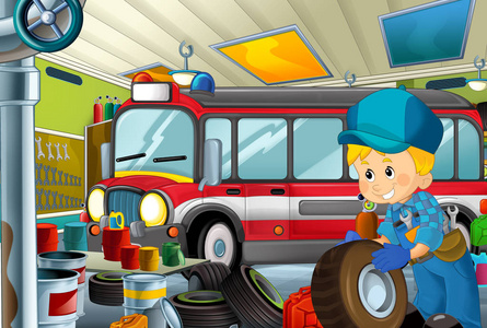 卡通场面与车库技工工作 repearing 一些车消防员车或清洁工作地方例证为孩子