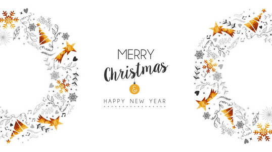 圣诞快乐, 新年的黄金波浪装饰与松树, 自然手绘装饰贺卡或节日背景。Eps10 矢量