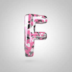粉红色伪装字母 F 大写, 3d 渲染被隔离在白色背景上
