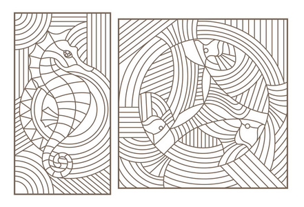 带鱼和海马的彩色玻璃窗的轮廓图, 白色背景上的暗轮廓