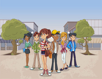 一个有卡通年轻人的城市的街道.青少年学生照片