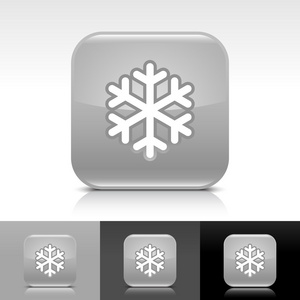 具有低温度白色雪花标志的灰色光泽 web 按钮。圆角的方形图标，带阴影，白色 灰色 黑色背景的思考