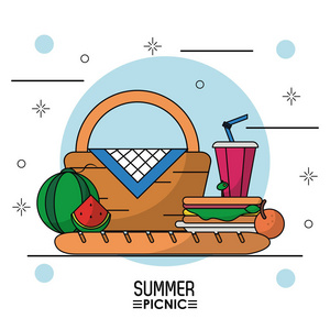 白色背景星光海报夏季野餐与野餐篮水果和三明治和饮料