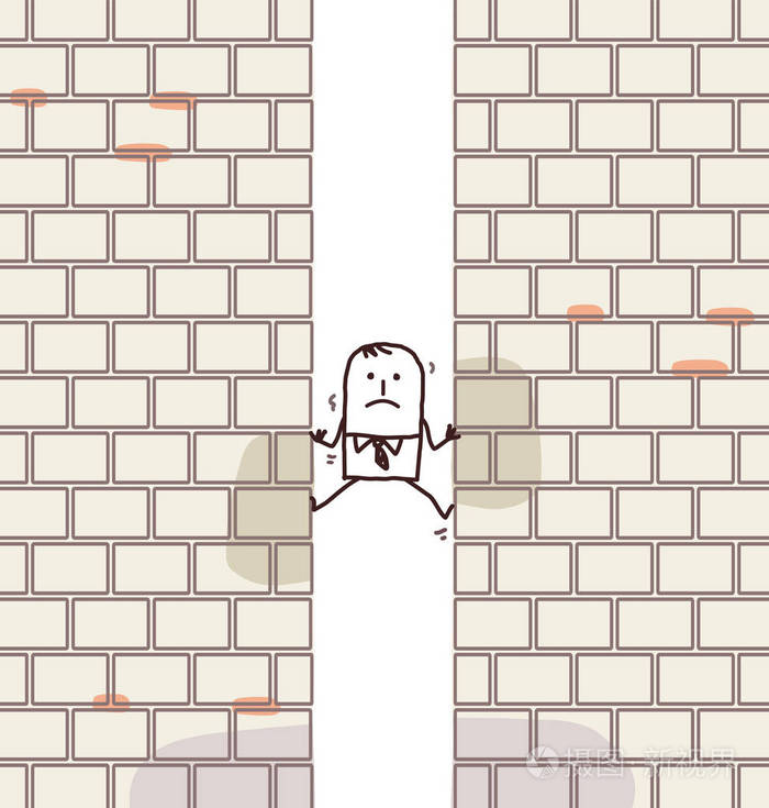 卡通漫画的人撞了两堵墙之间