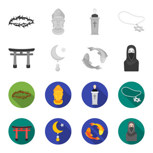 牌坊, 鲤鱼锦鲤, 妇女在面纱, 星和新月。宗教集合图标单色, 平面式矢量符号股票插画网站