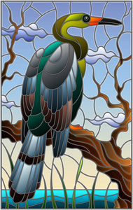 插图在彩色玻璃风格与苍鹭鸟坐在树上的沼泽和天空背景