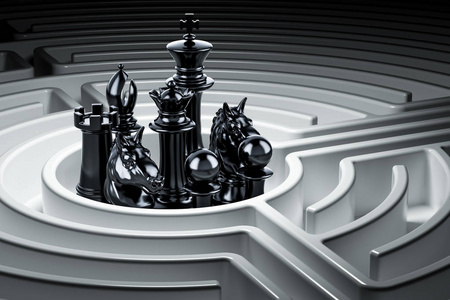 迷宫迷宫中的象棋人物, 3d 渲染