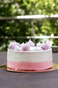 用粉红色的蛋白甜饼装饰的蛋糕。一个女孩的蛋糕