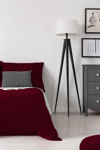 一张床上的深勃艮第盖, 位于现代卧室内饰, 旁边是一盏现代化的黑白灯。真实照片