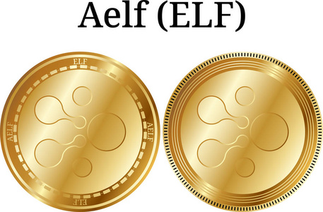 一套实物金币 Aelf 精灵, 数字 cryptocurrency。Aelf 精灵 图标集。在白色背景上隔离的矢量插图