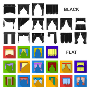 不同类型的窗帘在集合中设计的平面图标。窗帘和 lambrequins 矢量符号股票网页插图