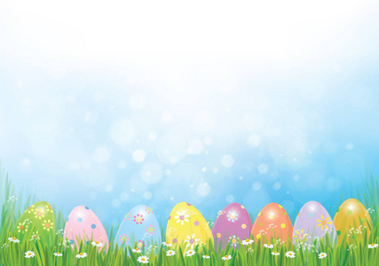 矢量复活节彩蛋在绿草, 复活节假期背景