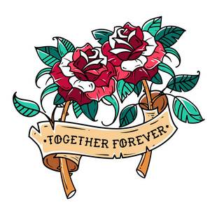 纹身两朵红玫瑰带丝带。共同爱的象征。玫瑰是永远裹在丝带与刻字