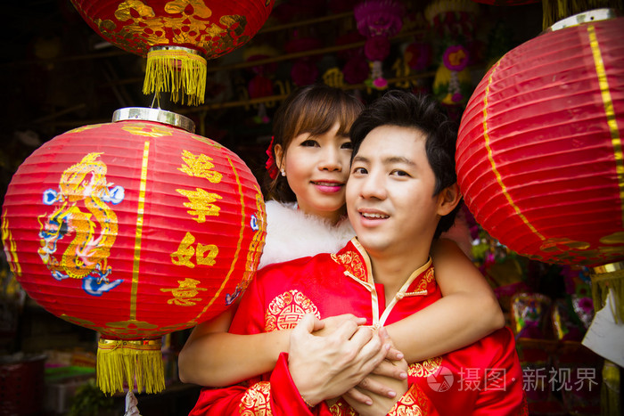 中国 suit3 红纸中国灯笼可爱夫妇
