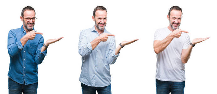 英俊的资深老人的拼贴画站在孤立的背景下, 用手和手指指指点点, 对着