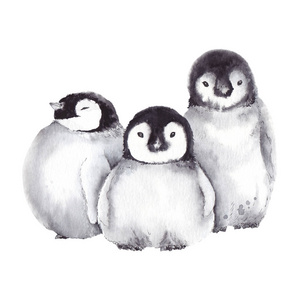 可爱的企鹅家庭。白色背景水彩插图