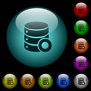 在黑色背景的彩色照明球形玻璃按钮的数据库宏记录图标。可用于黑色或深色模板