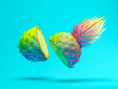 彩色切片菠萝蓝色背景3d 渲染照片