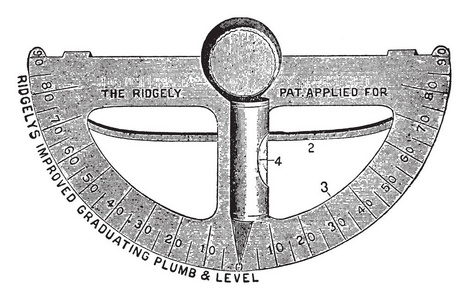 此插图表示用于水平水平或垂直测量复古线条绘图或雕刻插图的毕业的铅管和水平