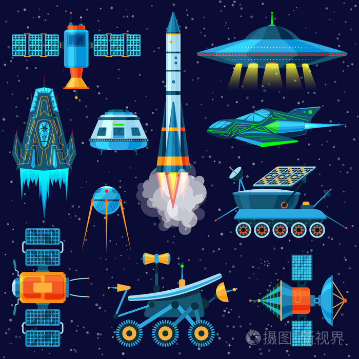 火箭矢量宇宙飞船 航天器 卫星或月球漫游器在背景空间中隔离的太空船的图解集插画 正版商用图片07t5cc 摄图新视界 火箭矢量宇宙飞船 航天器 卫星或月球漫游器在背景空间中隔离的太空船的图解集插画 正版商用图片07t5cc 摄图新视界
