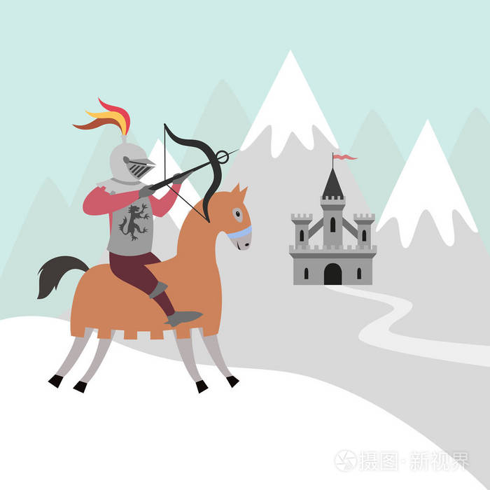动画片骑士在骑马和中世纪城堡在雪山
